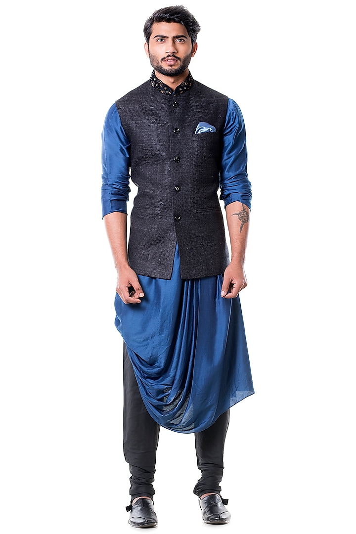 Blue Cowl Kurta Set With Black Waist Coat by Smriti By Anju Agarwal Men