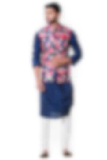 Blue Cowl Kurta Set With Printed Waist Coat by Smriti By Anju Agarwal Men at Pernia's Pop Up Shop