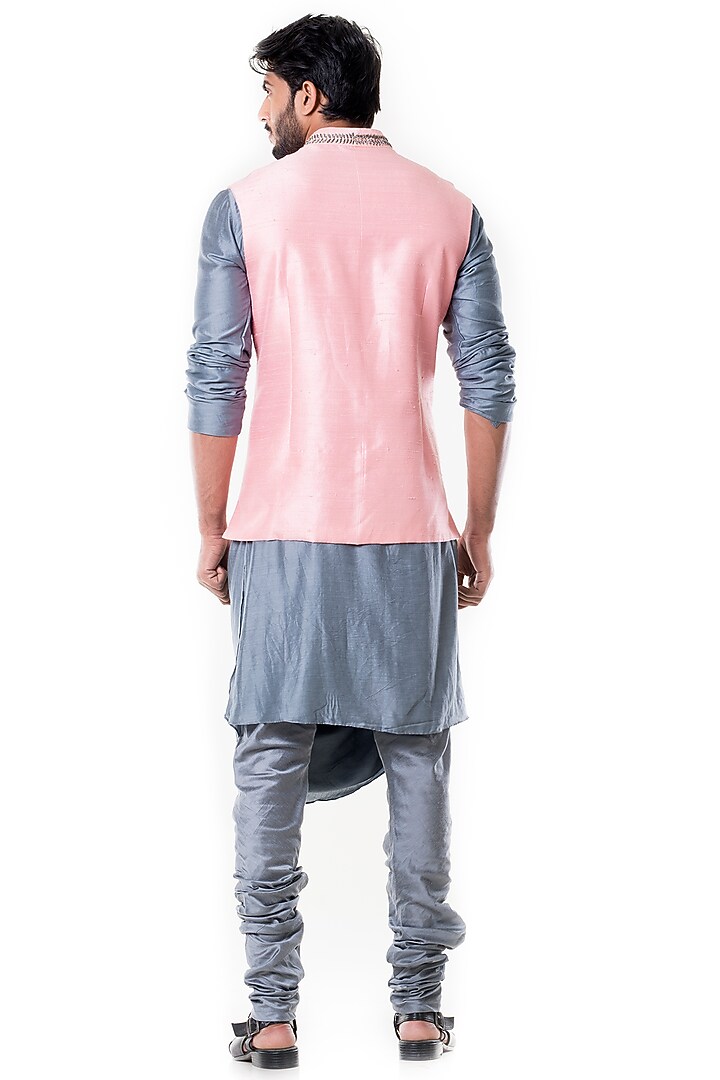 Grey Cowl Kurta Set With Embroidered Waist Coat by Smriti By Anju Agarwal Men at Pernia's Pop Up Shop