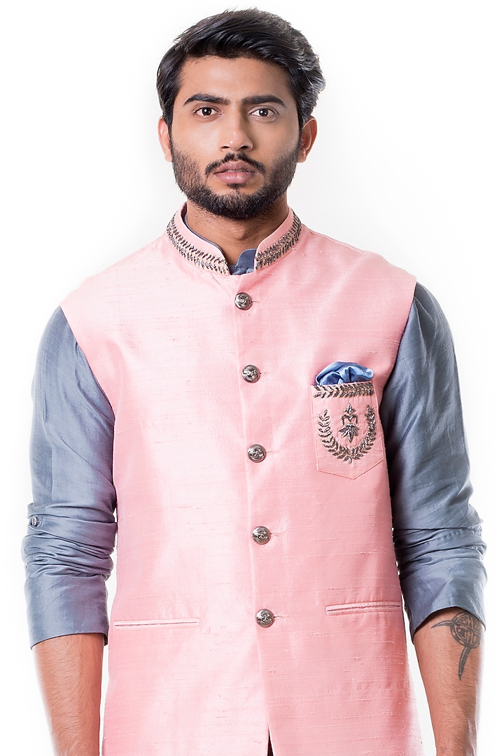 Grey Cowl Kurta Set With Embroidered Waist Coat by Smriti By Anju Agarwal Men at Pernia's Pop Up Shop