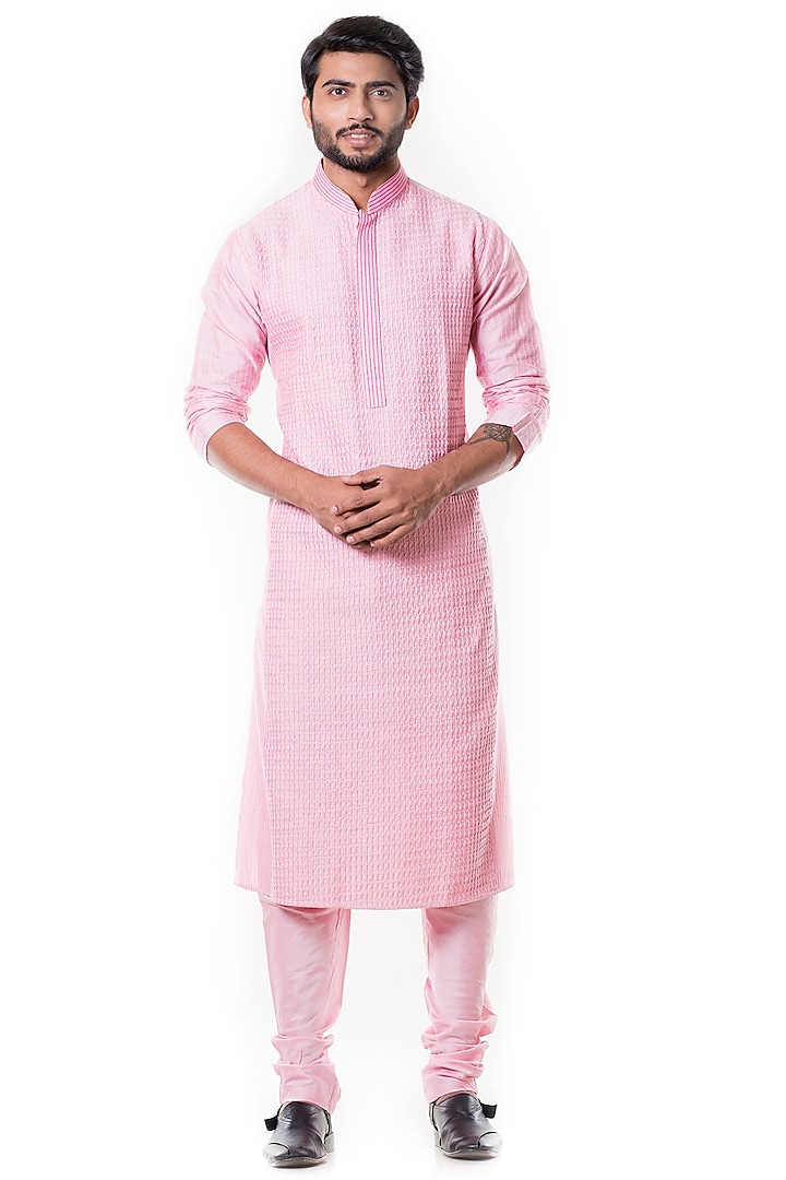 Pink Cotton Silk Kurta Set by Smriti By Anju Agarwal Men