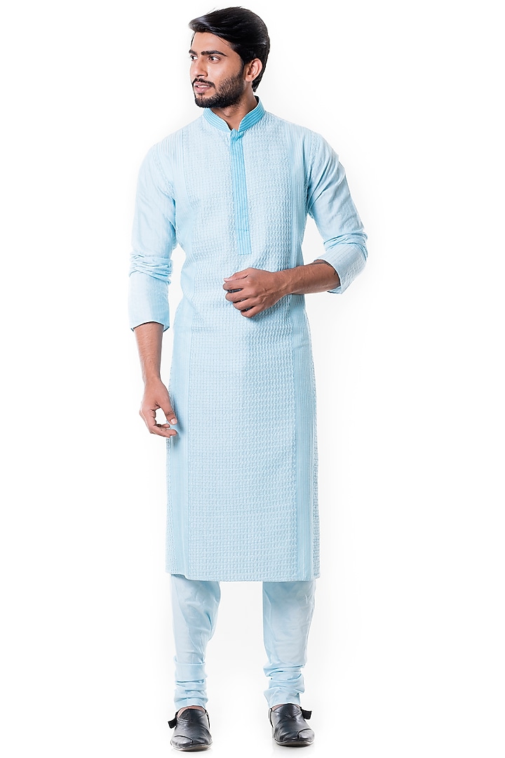 Powder Blue Cotton Silk Pintucked Kurta Set by Smriti By Anju Agarwal Men