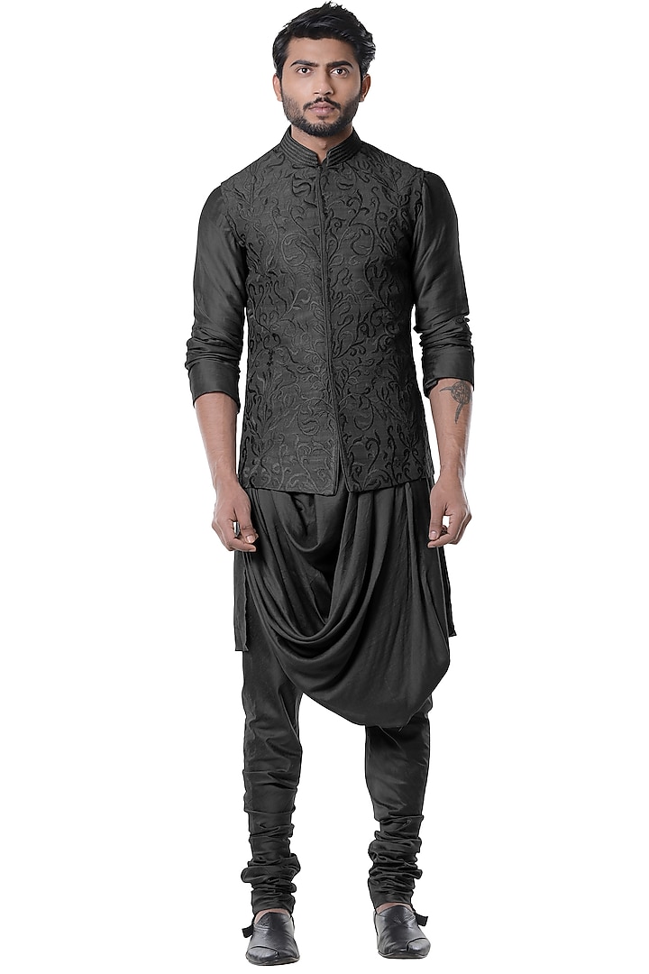 Grease Black Silk Cowl Kurta Set by Smriti By Anju Agarwal Men at Pernia's Pop Up Shop