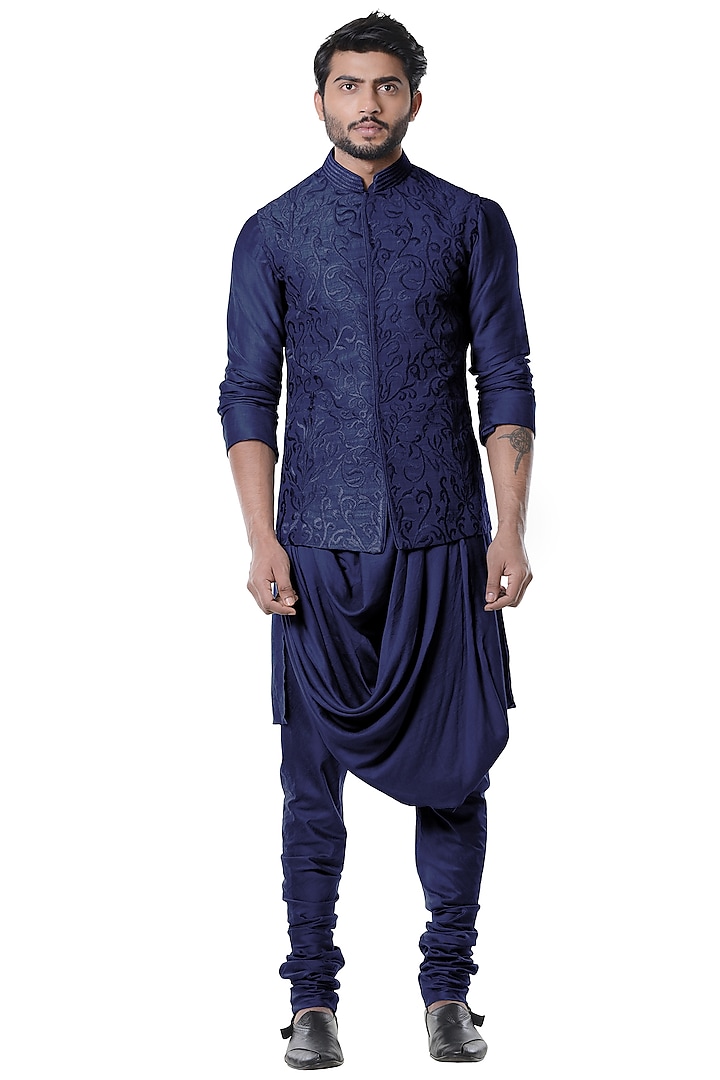 Space Blue Silk Kurta Set With Waist Coat by Smriti By Anju Agarwal Men