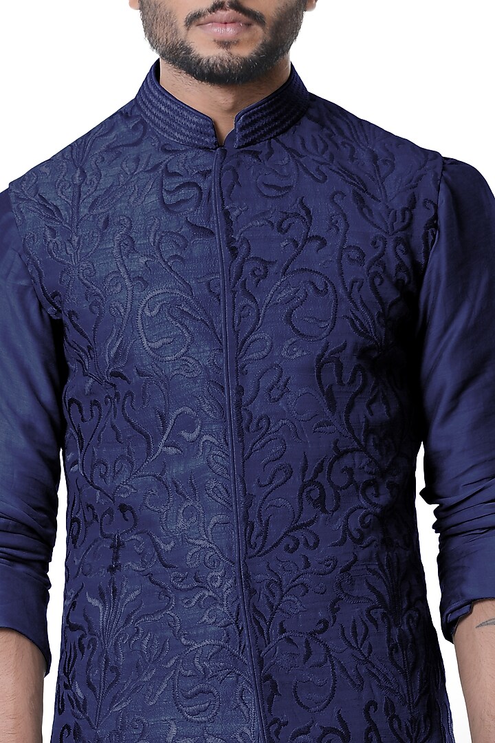Space Blue Silk Kurta Set With Waist Coat by Smriti By Anju Agarwal Men at Pernia's Pop Up Shop