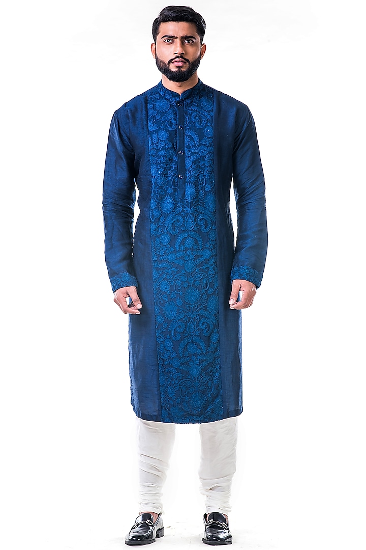 Cobalt Blue Aari Embroidered Kurta Set by Smriti By Anju Agarwal Men