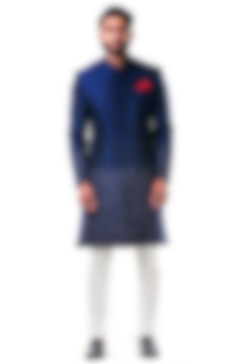 Midnight Blue Hand Embroidered Wedding Sherwani Set by Smriti By Anju Agarwal Men at Pernia's Pop Up Shop