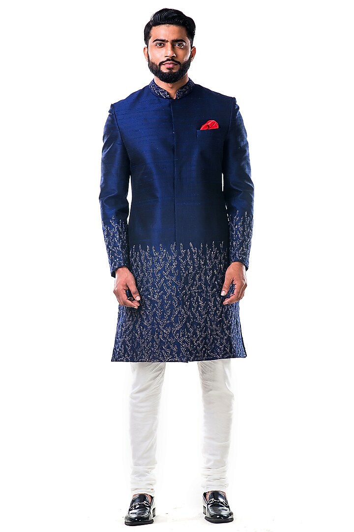 Midnight Blue Hand Embroidered Wedding Sherwani Set by Smriti By Anju Agarwal Men at Pernia's Pop Up Shop