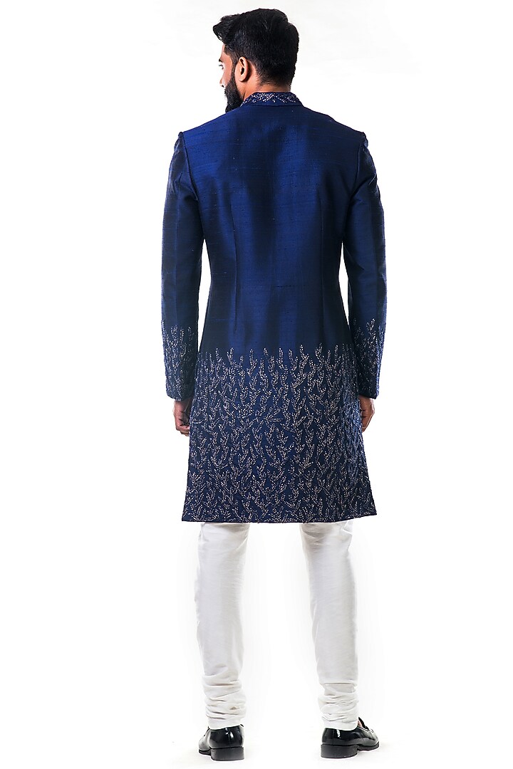 Midnight Blue Hand Embroidered Wedding Sherwani Set by Smriti By Anju Agarwal Men at Pernia's Pop Up Shop