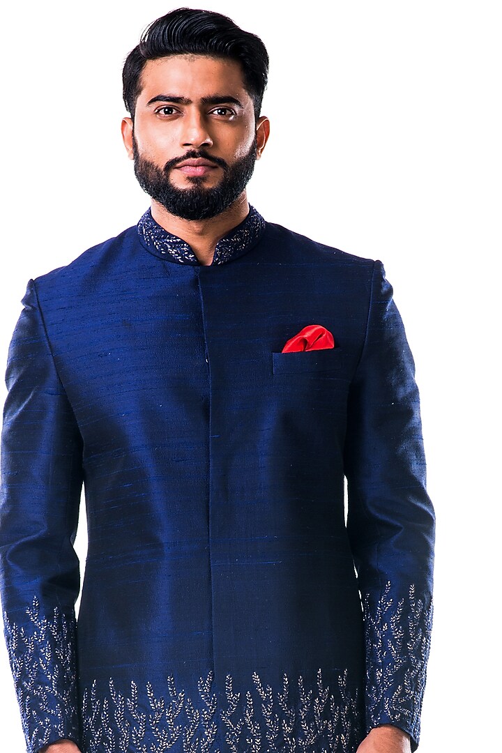 Midnight Blue Hand Embroidered Wedding Sherwani Set by Smriti By Anju Agarwal Men at Pernia's Pop Up Shop
