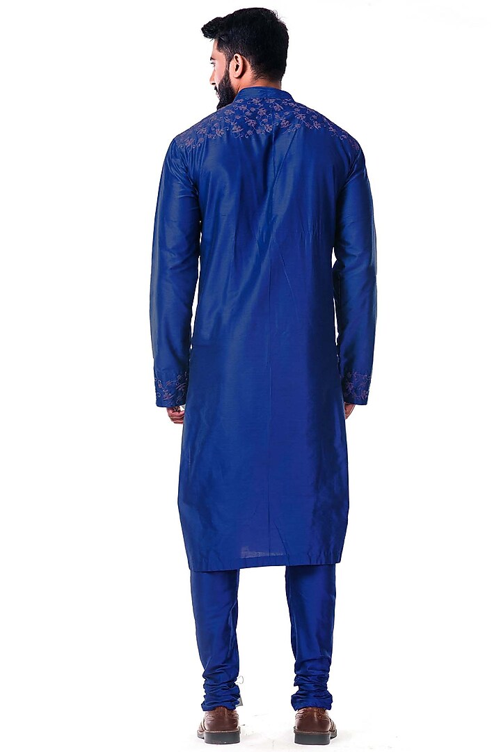 Cobalt Blue Katan Silk Cord Embroidered Pintuck Kurta Set by Smriti By Anju Agarwal Men at Pernia's Pop Up Shop