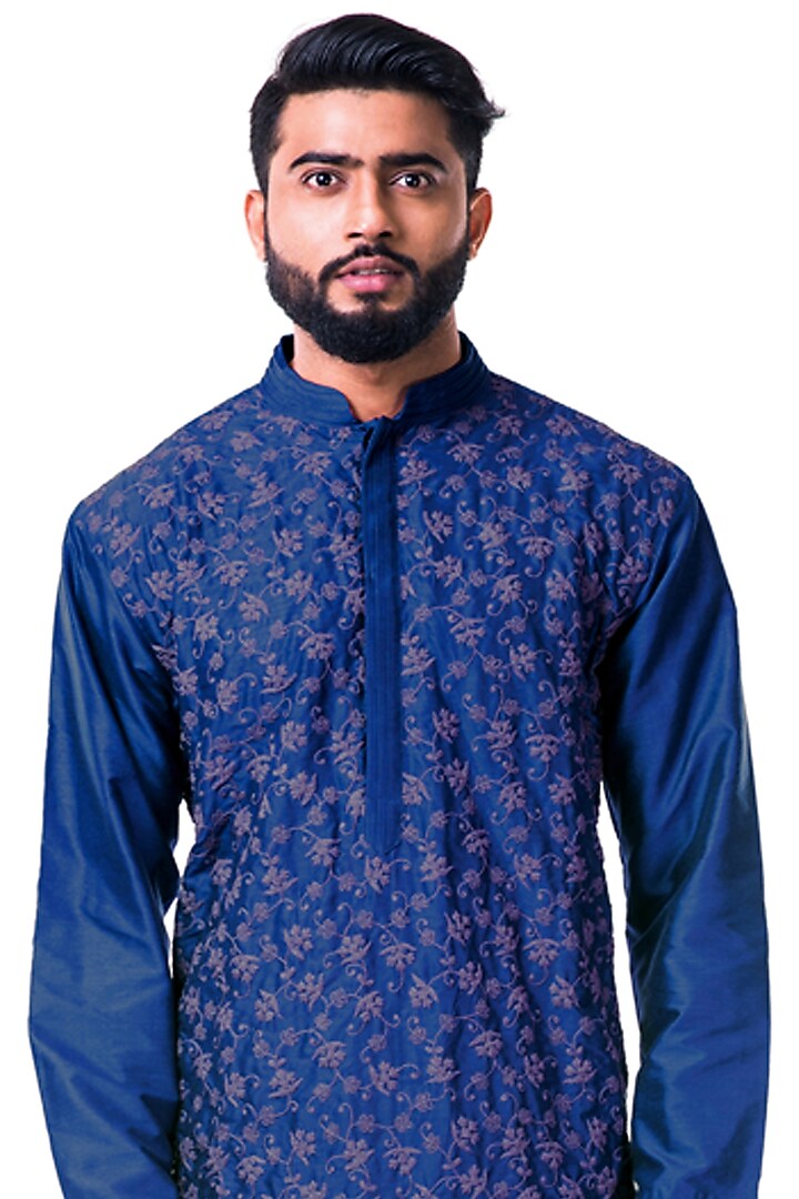 Cobalt Blue Katan Silk Cord Embroidered Pintuck Kurta Set by Smriti By Anju Agarwal Men at Pernia's Pop Up Shop