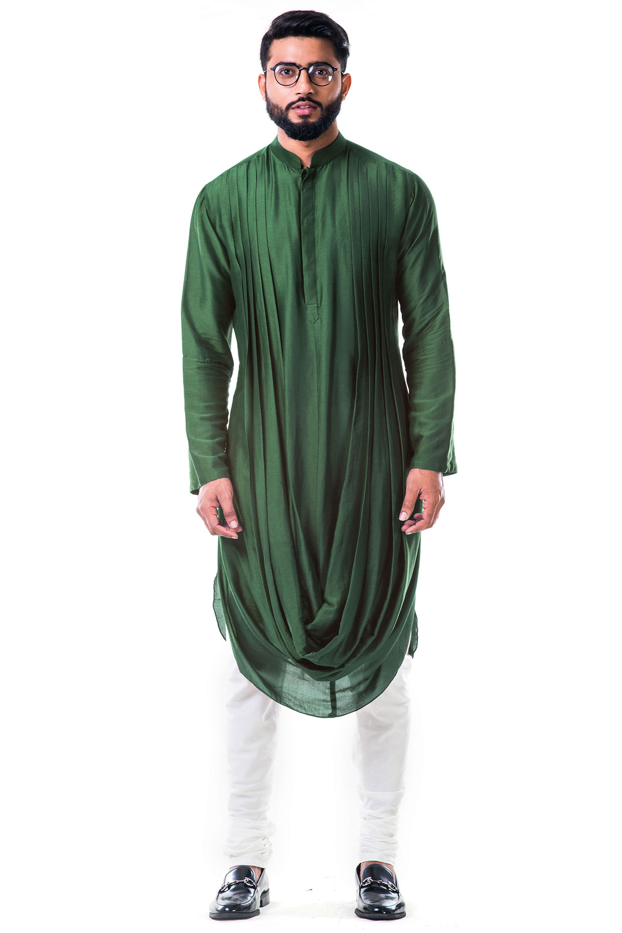 Green Silk Cowl Kurta Set by Smriti By Anju Agarwal Men at Pernia's Pop Up Shop