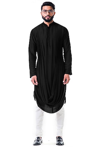 Black Double Cowl Kurta Set by Smriti By Anju Agarwal Men