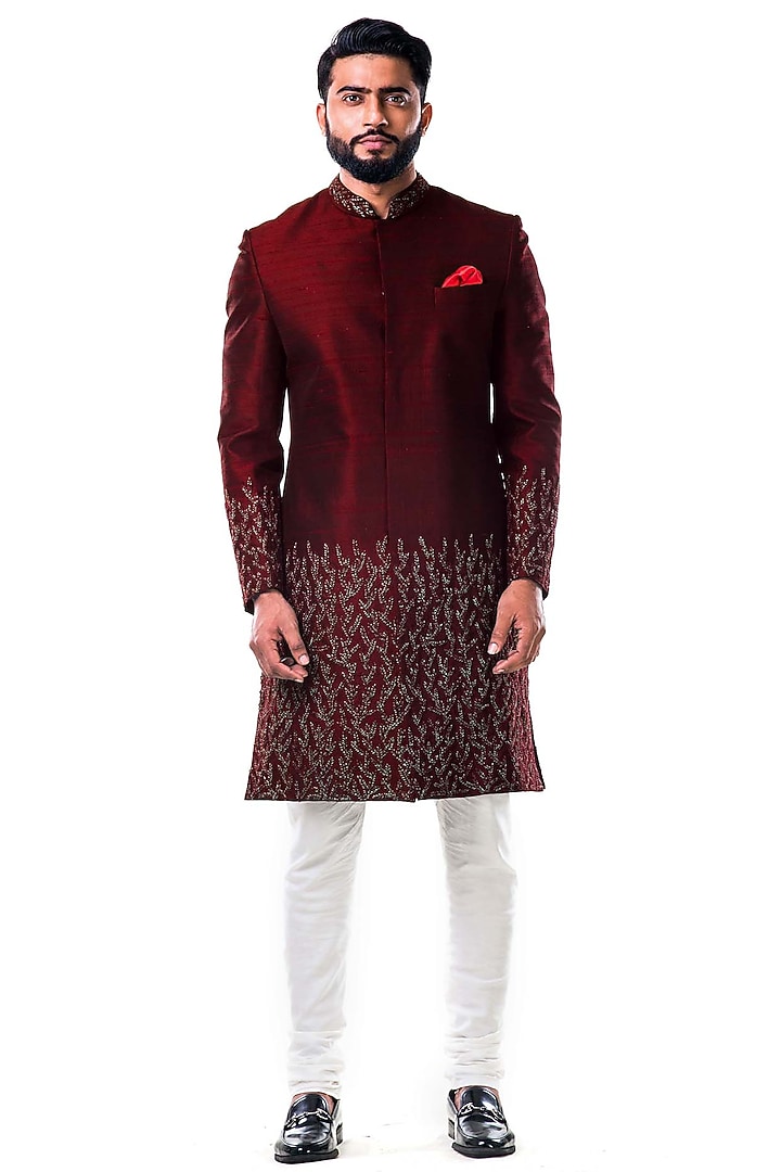 Maroon Hand Embroidered Wedding Sherwani Set by Smriti By Anju Agarwal Men at Pernia's Pop Up Shop