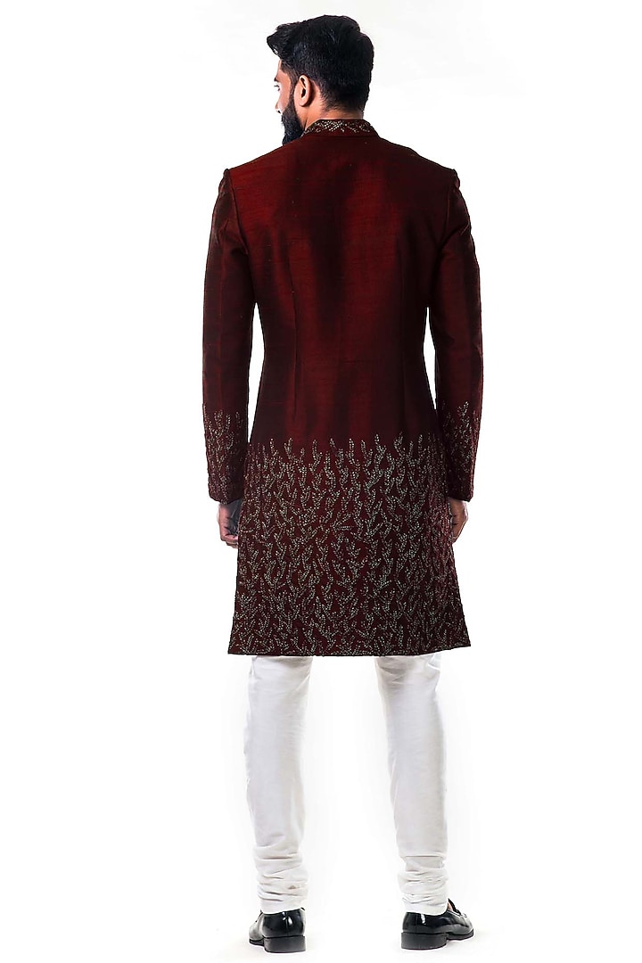 Maroon Hand Embroidered Wedding Sherwani Set by Smriti By Anju Agarwal Men at Pernia's Pop Up Shop