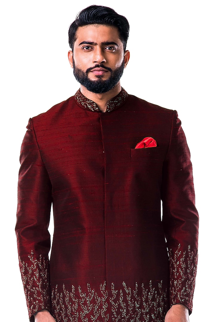 Maroon Hand Embroidered Wedding Sherwani Set by Smriti By Anju Agarwal Men at Pernia's Pop Up Shop