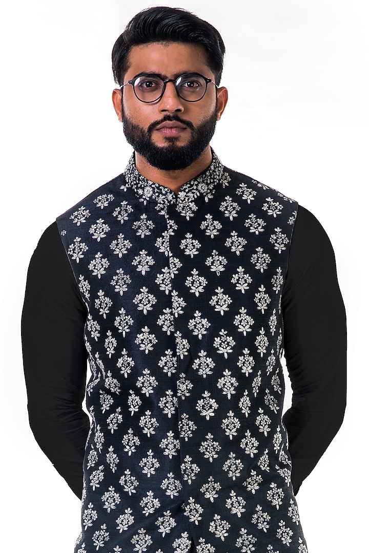 Black Raw Silk Floral Dori Embroidered Nehru Jacket Set by Smriti By Anju Agarwal Men at Pernia's Pop Up Shop