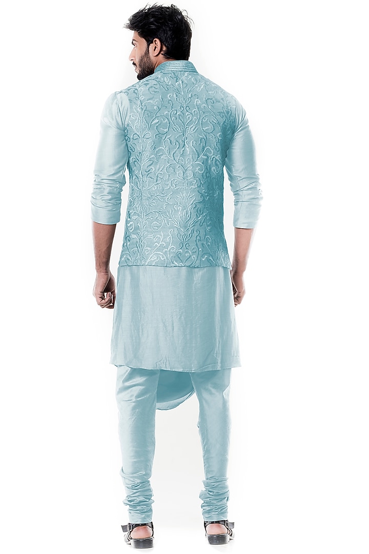Light Blue Raw Silk Embroidered Nehru Jacket Set by Smriti By Anju Agarwal Men at Pernia's Pop Up Shop
