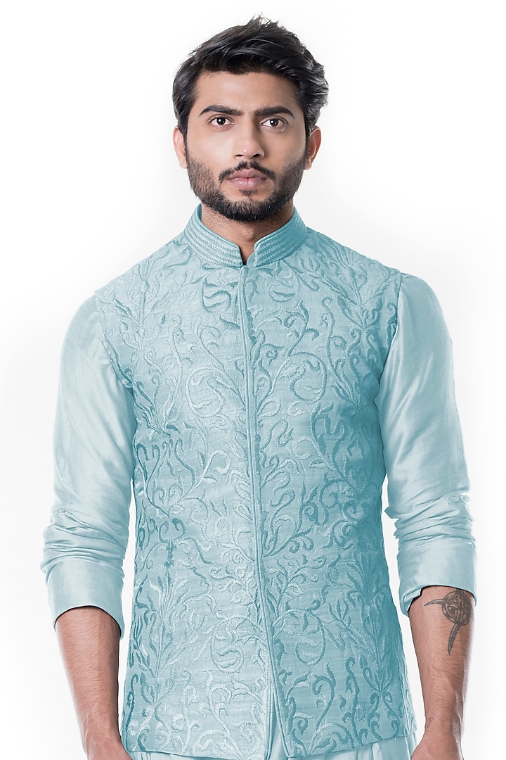 Light Blue Raw Silk Embroidered Nehru Jacket Set by Smriti By Anju Agarwal Men at Pernia's Pop Up Shop