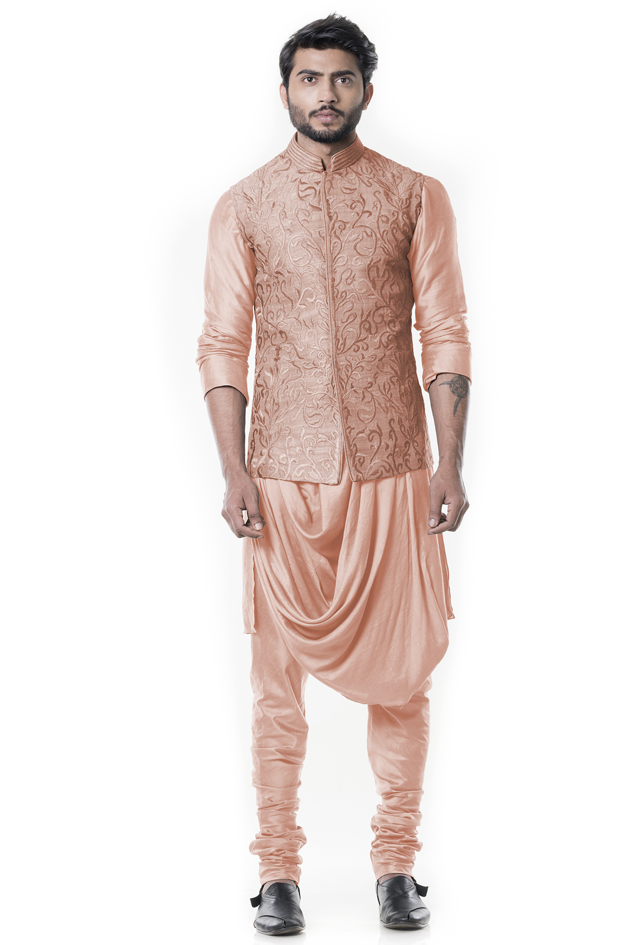 Peach Raw Silk Embroidered Nehru Jacket Set by Smriti By Anju Agarwal Men at Pernia's Pop Up Shop