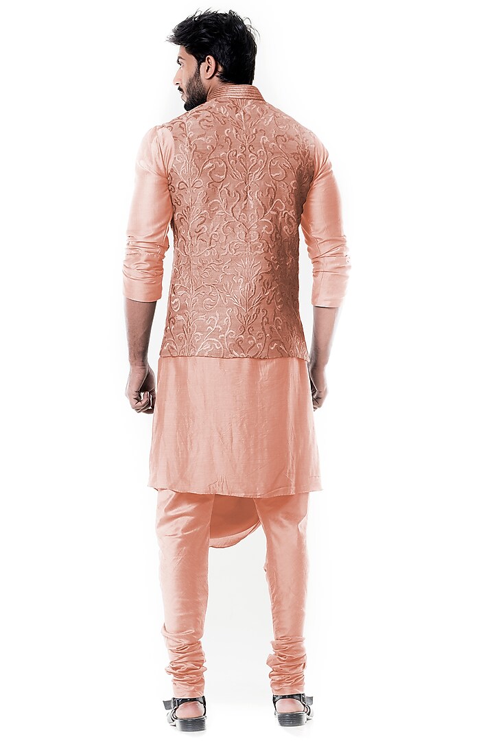 Peach Raw Silk Embroidered Nehru Jacket Set by Smriti By Anju Agarwal Men at Pernia's Pop Up Shop