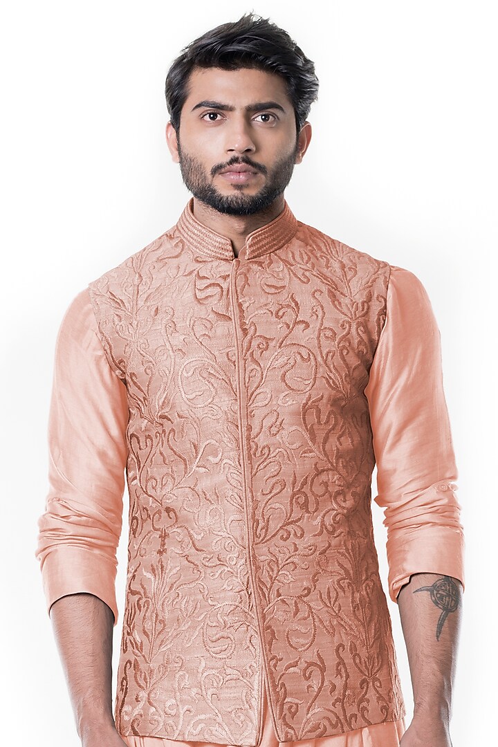 Peach Raw Silk Embroidered Nehru Jacket Set by Smriti By Anju Agarwal Men at Pernia's Pop Up Shop