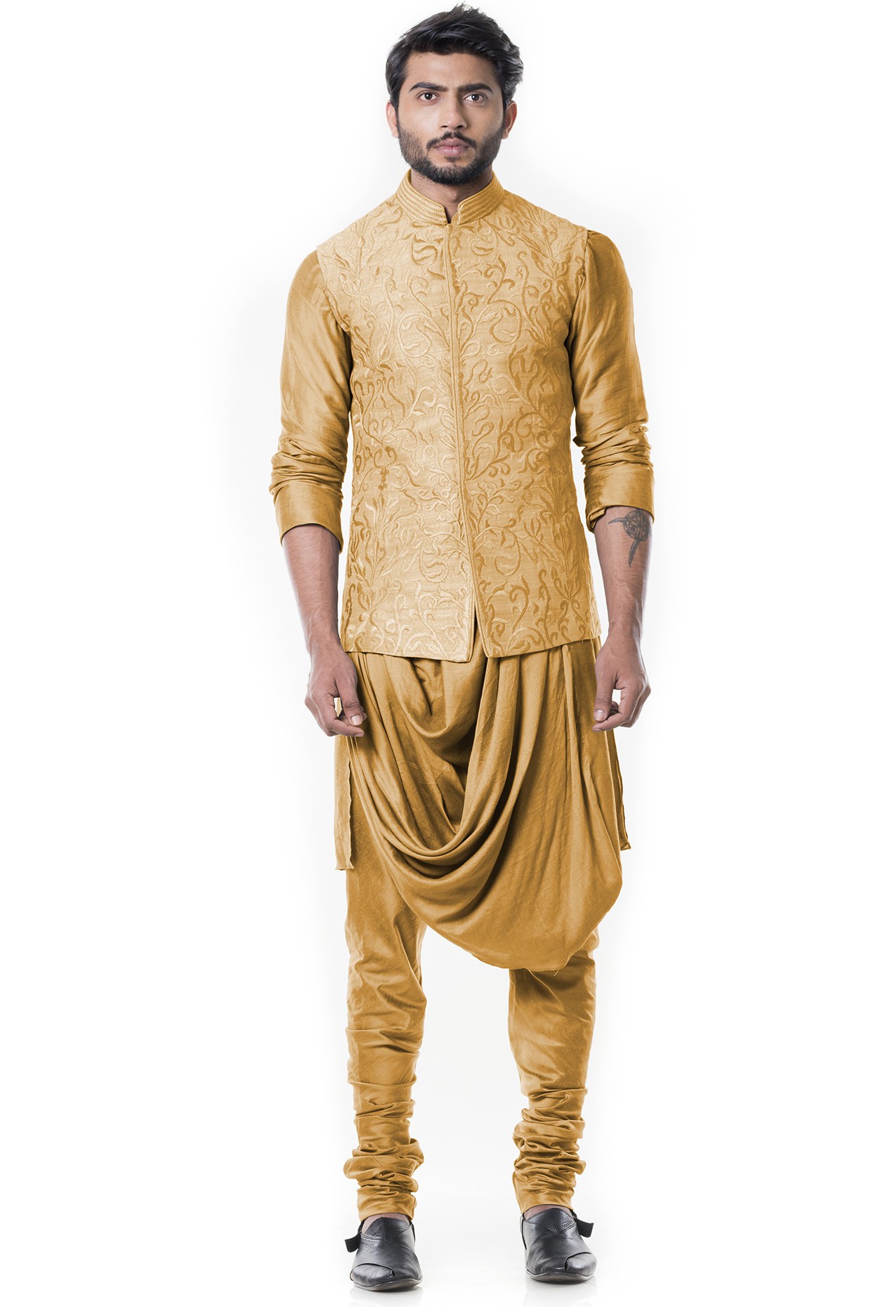 Mustard Raw Silk Embroidered Nehru Jacket Set by Smriti By Anju Agarwal Men at Pernia's Pop Up Shop
