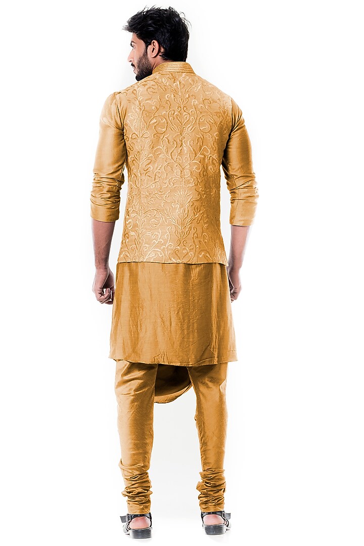 Mustard Raw Silk Embroidered Nehru Jacket Set by Smriti By Anju Agarwal Men at Pernia's Pop Up Shop