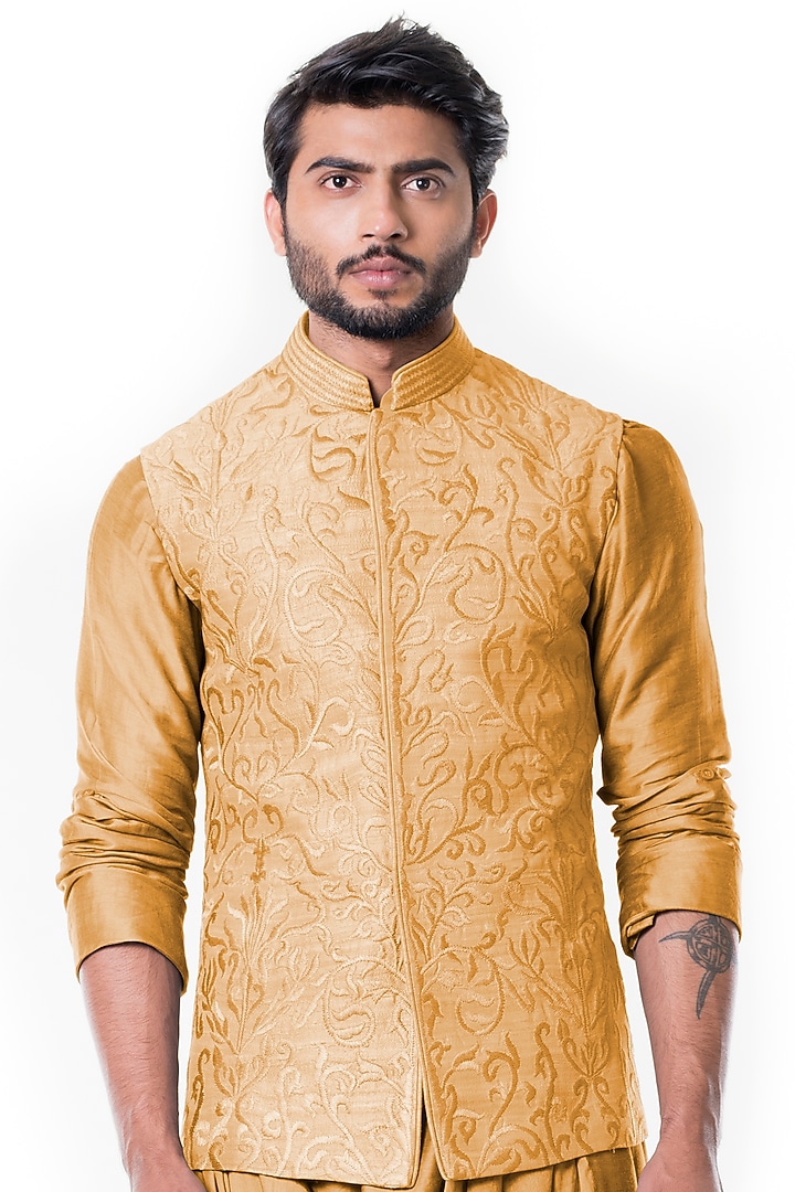 Mustard Raw Silk Embroidered Nehru Jacket Set by Smriti By Anju Agarwal Men at Pernia's Pop Up Shop
