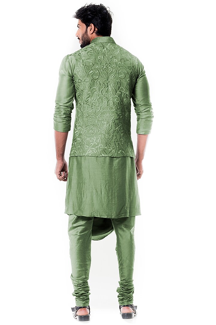 Pistachio Green Raw Silk Embroidered Nehru Jacket Set by Smriti By Anju Agarwal Men at Pernia's Pop Up Shop