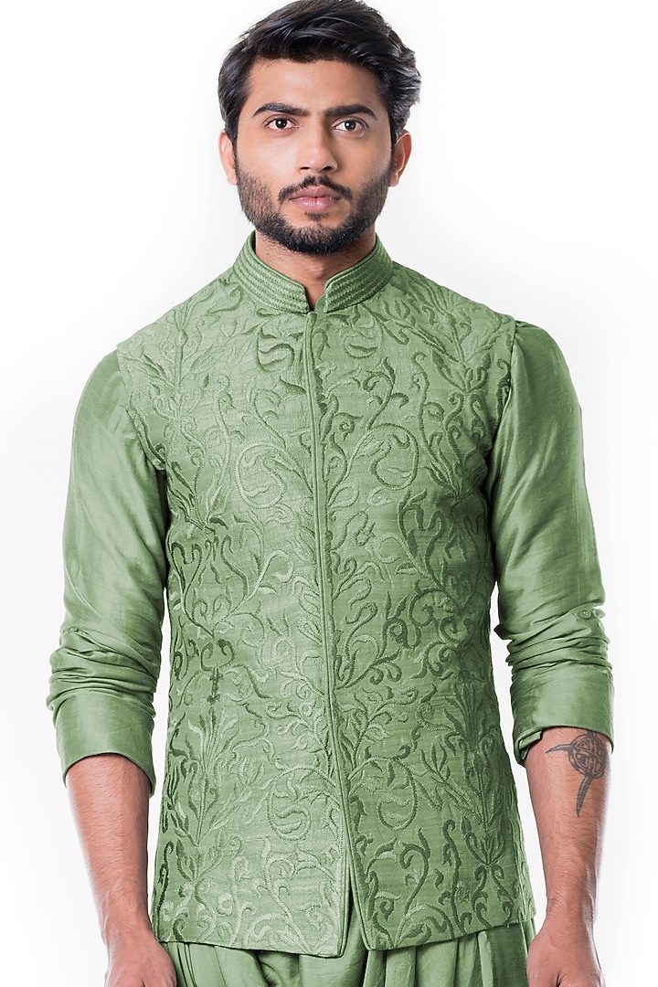 Pistachio Green Raw Silk Embroidered Nehru Jacket Set by Smriti By Anju Agarwal Men at Pernia's Pop Up Shop