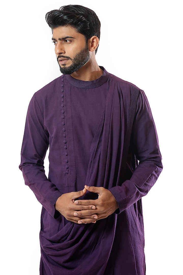 Plum Cotton Khadi Draped Kurta Set by Smriti By Anju Agarwal Men at Pernia's Pop Up Shop