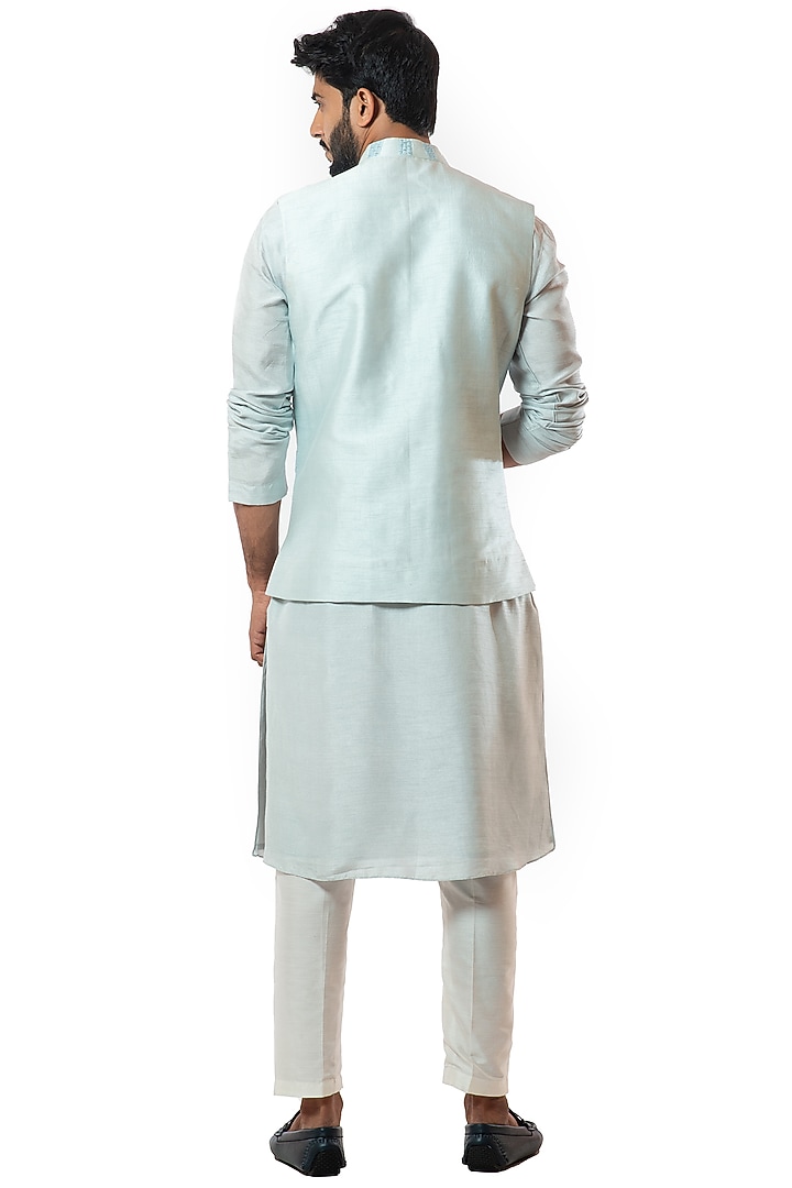 Ice Blue Bamberg Silk Hand Embroidered Bundi Jacket by Smriti By Anju Agarwal Men at Pernia's Pop Up Shop