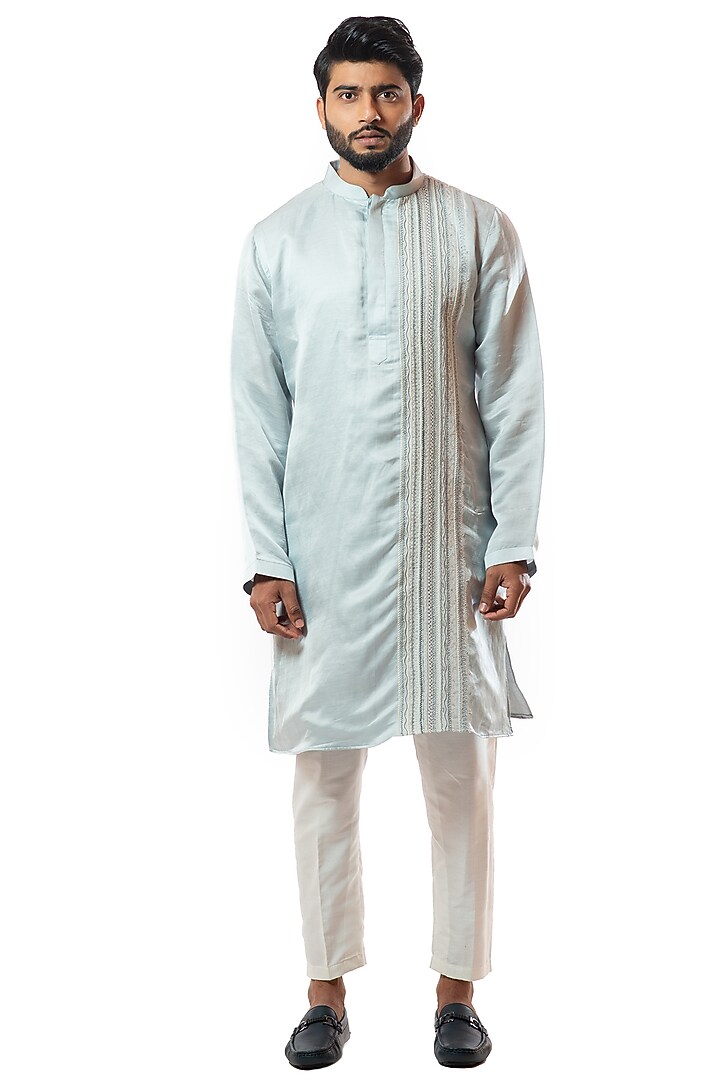 Ice Blue Hand Embroidered Kurta Set by Smriti By Anju Agarwal Men at Pernia's Pop Up Shop