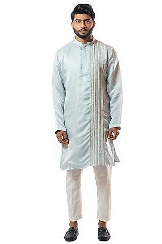 Ice Blue Hand Embroidered Kurta Set by Smriti By Anju Agarwal Men
