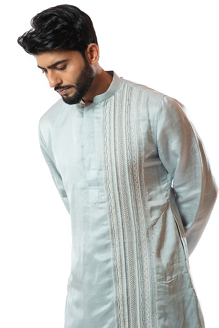 Ice Blue Hand Embroidered Kurta Set by Smriti By Anju Agarwal Men at Pernia's Pop Up Shop