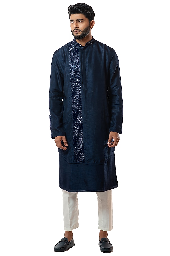 Navy Blue Bam Silk Embroidered Layered Kurta Set by Smriti By Anju Agarwal Men at Pernia's Pop Up Shop