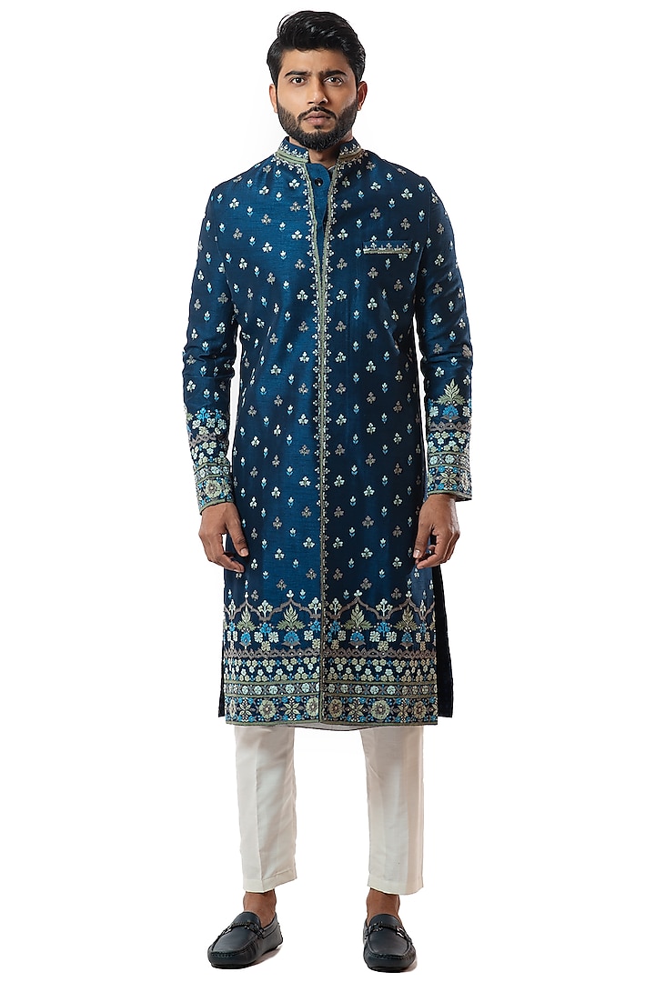 Blue Wedding Sherwani Set With Thread Work by Smriti By Anju Agarwal Men at Pernia's Pop Up Shop