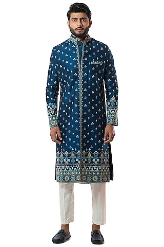 Blue Sherwani Set With Thread Work by Smriti By Anju Agarwal Men