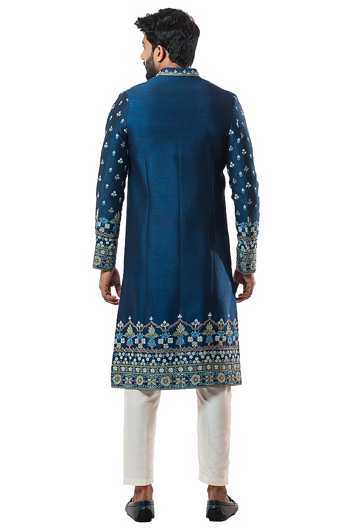 Blue Wedding Sherwani Set With Thread Work by Smriti By Anju Agarwal Men at Pernia's Pop Up Shop