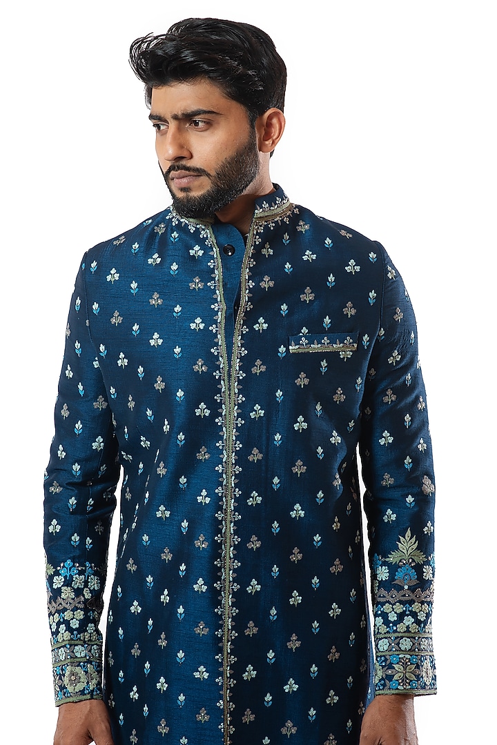 Blue Wedding Sherwani Set With Thread Work by Smriti By Anju Agarwal Men at Pernia's Pop Up Shop