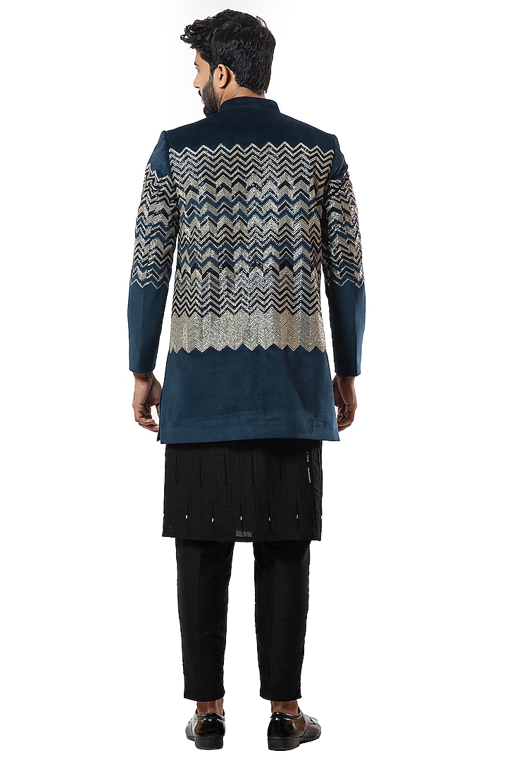 Deep Blue Embroidered Groom Bandhgala Jacket Set by Smriti By Anju Agarwal Men at Pernia's Pop Up Shop