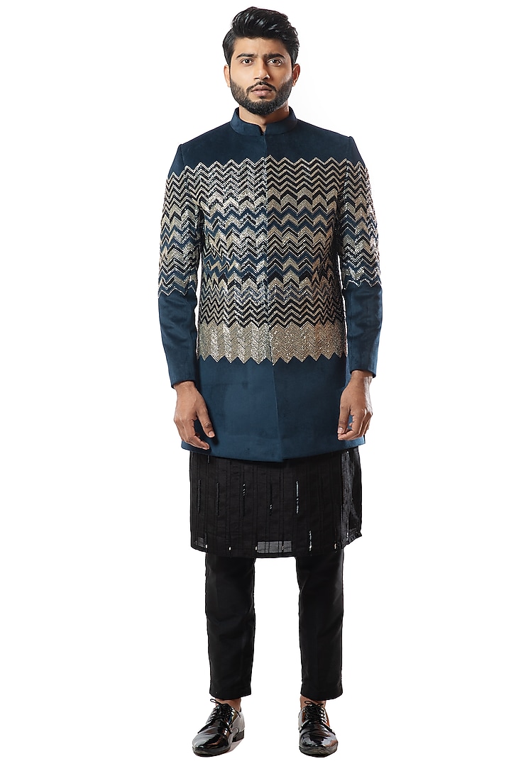 Deep Blue Hand Embroidered Wedding Bandhgala Jacket by Smriti By Anju Agarwal Men at Pernia's Pop Up Shop