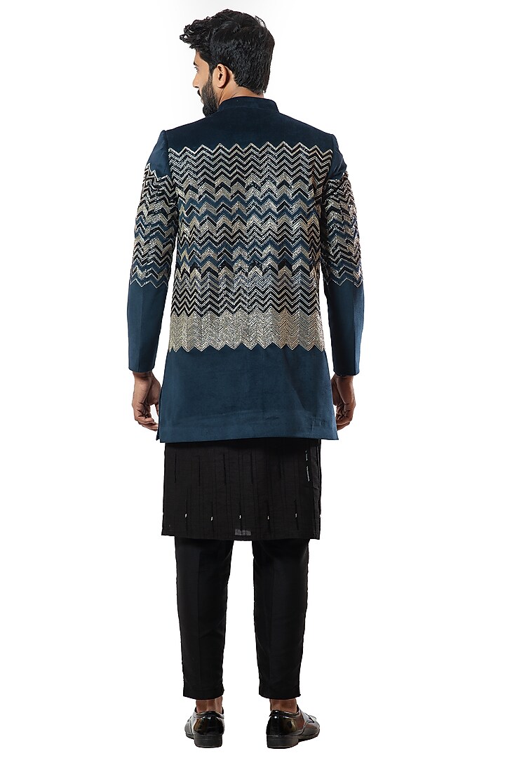Deep Blue Hand Embroidered Wedding Bandhgala Jacket by Smriti By Anju Agarwal Men at Pernia's Pop Up Shop