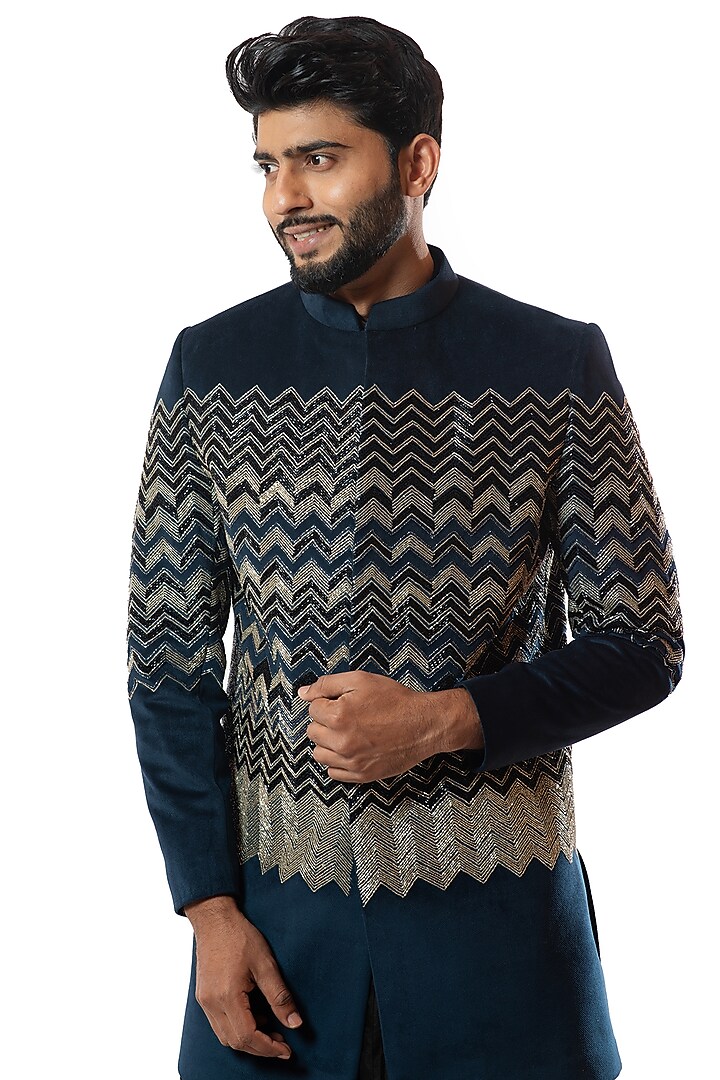 Deep Blue Hand Embroidered Wedding Bandhgala Jacket by Smriti By Anju Agarwal Men at Pernia's Pop Up Shop
