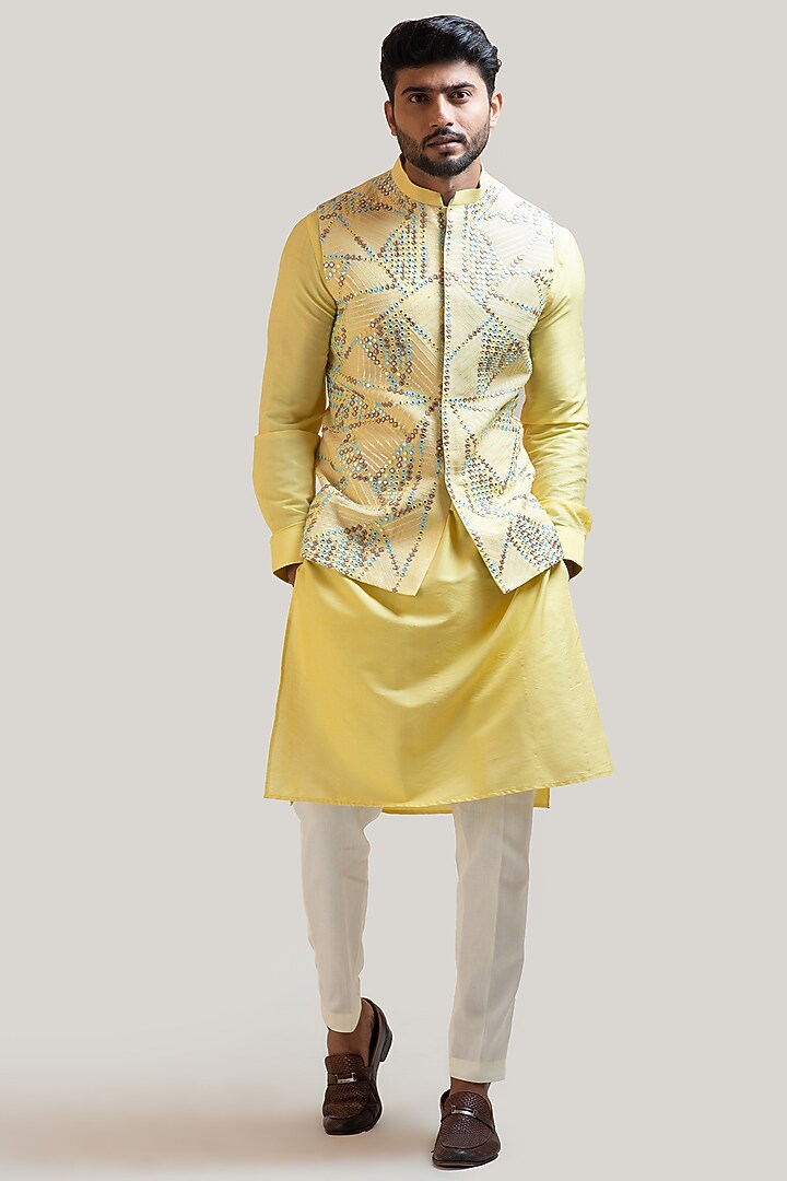 Yellow BAmberg Silk Mirror Work Bundi Jacket Set by Smriti by Anju Agarwal Men at Pernia's Pop Up Shop