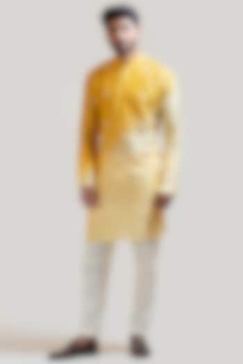 Yellow Ombre Bemberg Silk Embroidered Kurta Set by Smriti by Anju Agarwal Men at Pernia's Pop Up Shop