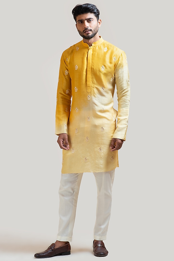 Yellow Ombre Bemberg Silk Embroidered Kurta Set by Smriti by Anju Agarwal Men at Pernia's Pop Up Shop