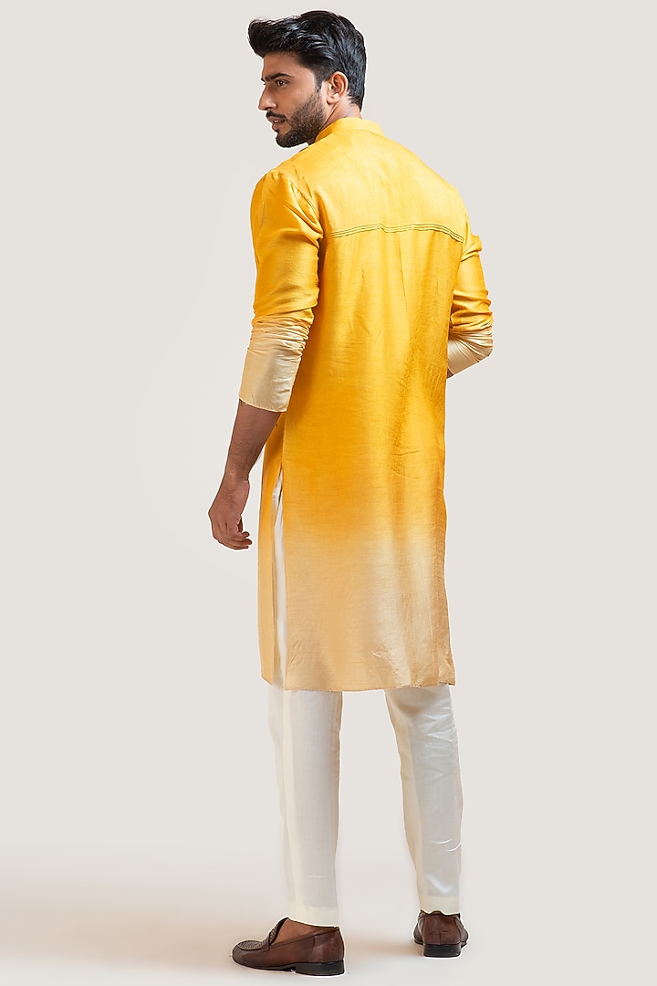 Yellow Ombre Bemberg Silk Embroidered Kurta Set by Smriti by Anju Agarwal Men at Pernia's Pop Up Shop